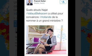 Paris, le 1er septembre 2014. Capture écran du message posté par l'UMP Franck Keller au sujet de Najat Vallaud-Belkacem.