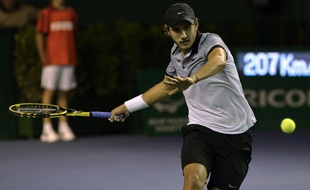 Le Français Lucas Pouille, lors de sa victoire contre Fabio Fognini au 2e tournoi du Masters 1000 de Bercy, le 29 octobre 2014.