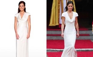 A gauche, la réplique de la robe de Pippa Middleton, à droite Pippa Middleton pendant le mariage de sa soeur Kate, le 29 avril 2011, dans sa robe Alexander McQueen