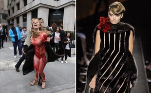 A gauche, une militante de la Fondation Brigitte Bardot, à droite, une création de Karl Lagerfeld pour Fendi.