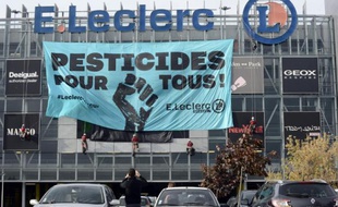 Les militants de Greenpeace déploient une bannière sur un supermarché à Roques, près de Toulouse le 24 octobre 2015