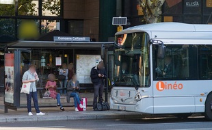 Des passagers à un arrêt de bus à Toulouse.
