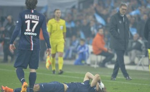 David Luiz s'est blessé à une cuisse lors d'OM-PSG (2-3), le 5 avril 2015.
