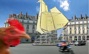 De haut en bas et de gauche à droite : les toilettes sèches, les poulaillers urbains, les réservoirs de façade, les barges-marchés et les ruches de ville de Faltazi.