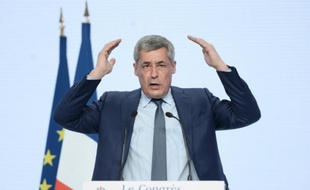 Le député Henri Guaino prend la parole au congrès fondateur du parti "Les Républicains", le 30 mai 2015 à Paris