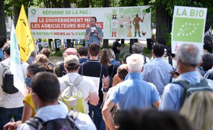 Des agriculteurs bio réunis à l'appel de la Fnab, leur fédération, le 2 juin 2021 aux Invalides à Paris.