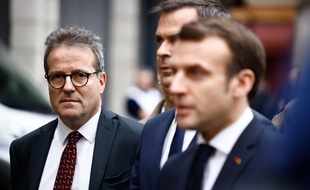 Emmanuel Macron, Martin Hirsch et Olivier Veran, le ministre de la Santé