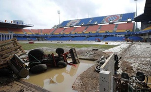 Le stade de la Mosson touché par les inondations à Montpellier, le 7 octobre 2014