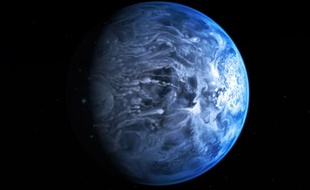 Vue d'artiste de la planète HD 189733b, dont la couleur bleu azur rappelle celle de la Terre vue de l'espace.