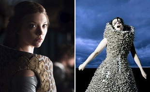 A gauche, Margaery Tyrell (Natalie Dormer) dans la saison 2 de «Game of Thrones» et Björk habillée par Alexander McQueen dans le clip de «Who Is It».