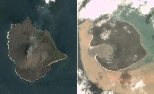 Images avant (17 décembre 2018) et après (30 décembre) l'éruption de l'Anak Krakatoa, en Indonésie.