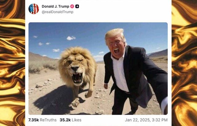 Deux jours à peine après son investiture le 20 janvier, le ton est donné : le président des Etats-Unis se balade avec un lion tous crocs dehors.