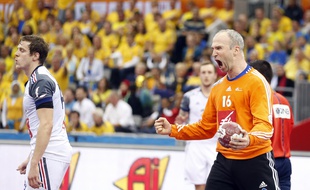 Thierry Omeyer exulte lors de France-Suède (27-25) aux Championnats du monde de handball au Qatar. - 24 janvier 2015