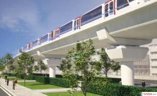 Vue d'artiste des rames de la 3e ligne de métro de Toulouse sur un viaduc.