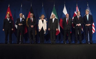 Les principaux protagonistes de l'accord-cadre sur le nucléaire iranien, le 2 avril 2015 à Lausanne