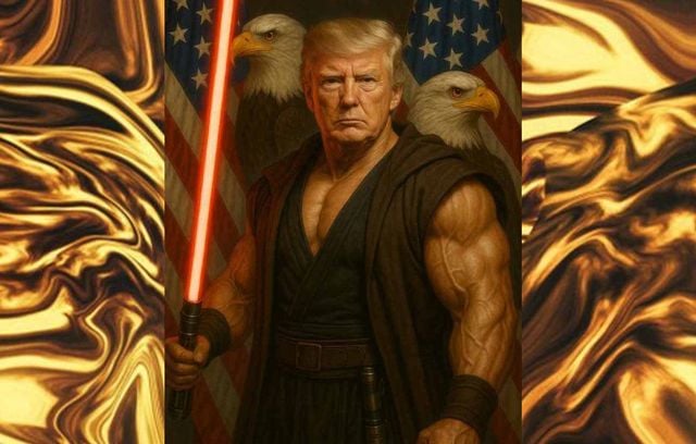 Cette merveille date du 4 juillet dernier, jour de la fête nationale. La Maison-Blanche publie une photo de Trump grimé en jedi bodybuildé, avec des drapeaux étoilés et des aigles. Problème : son sabre est rouge comme ceux… des seigneurs Siths (les méchants).