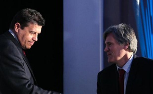 Le président de la FNSEA Xavier Beulin et le ministre de l'Agriculture Stéphane Le Foll lors des Etats Généraux de lAgriculture le 21 février 2014 à Paris