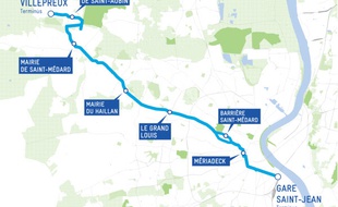 Tracé provisoire du futur BHNS entre Bordeaux et Saint-Aubin-de-Médoc