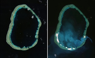 A gauche, une image satellite du site de Mischief Reef prise le 24 janvier 2012. A droite, une autre prise le 16 mars 2015. On voit clairement l'apparition d'îles sur la barrière de corail.