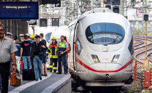 La police et les secours en intervention à côté d'un train à grande vitesse ICE à la gare principale de Francfort le 29 juillet 2019, après qu'un homme ait poussé un enfant devant le train en marche.