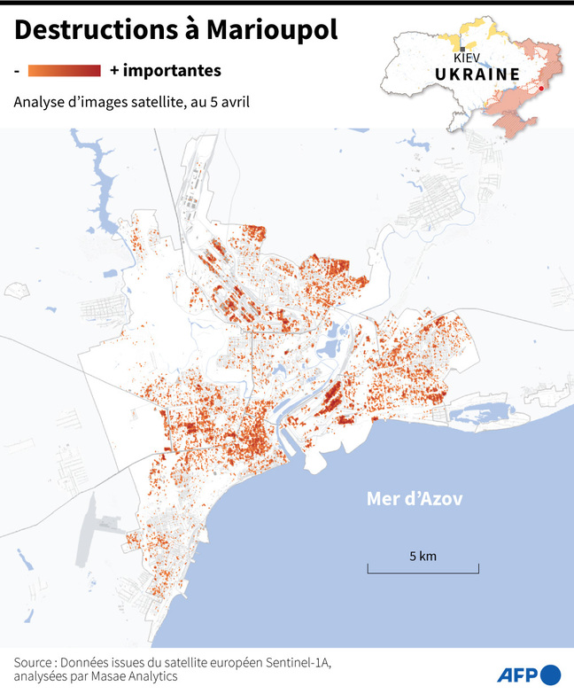 Map of destruction recorded in Mariupol, according to a satellite image analysis conducted by Masae Analytics, on April 5