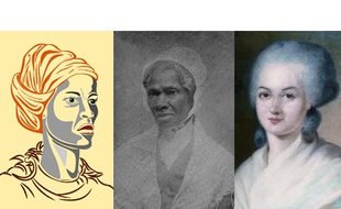 Depuis la gauche: Cudjoe Queen Nanny, Sojourner Truth, Olympe de Gouges