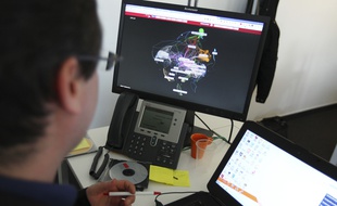 Illustration. Salle de supervision et de pilotage de la cybersécurité dans les locaux de la société Steria.Colomiers, FRANCE-12/03/14