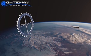 Capture d'écran d'une simulation 3D de ce à quoi pourrait ressembler la station spatiale qui serait créée par la Gateway Foundation en 2025