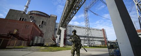 FILE - A Russian serviceman guards in an area of the Zaporizhzhia Nuclear Power Station in territory under Russian military control, southeastern Ukraine, May 1, 2022. The head of the U.N. nuclear watchdog says Ukraine’s Zaporizhzhia Nuclear Power Plant has switched to emergency diesel generators after losing  its external power supply for the seventh time since Russia’s full-scale invasion. (AP Photo/File)/DSOB101/23142310989884/PICTURE TAKEN DURING A TRIP ORGANIZED BY THE RUSSIAN MINISTRY OF DEFENSE FILE PHOTO/2305221200