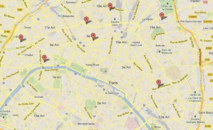 La carte des «serial killers» parisiens, réalisée le 28 mars 2013. Capture d'écran Google Maps.