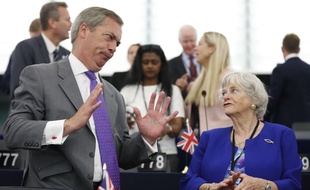 Les députés européens Nigel Farage et Ann Widdecombe au Parlement, le 2 juillet 2019.