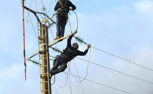 Des techniciens d'EDF sur un ligne endommagée le 11 février 2009 à Nuaille-d'Aunis