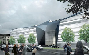 Image de synthèse représentant l'entrée du futur Pentagone à la française, en 2016, sur le site de Balard , au sud ouest de Paris, le 31 mai 2011.