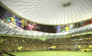 Image de synthèse de l'intérieur du nouveau stade du FC Nantes. Avec son écran géant circulaire.