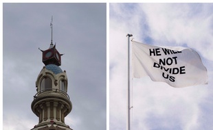 Le drapeau est installé en haut de la tour LU