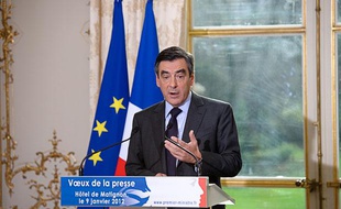 François Fillon, Premier ministre, lors de la cérémonie de voeux à la presse, à Matignon, le 9 janvier 2012 à Paris.