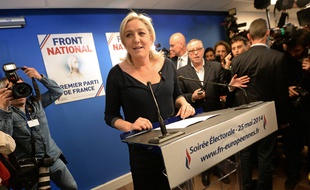 Marine Le Pen, présidente du FN, à son QG des élections européennes, le 25 mai 2014.