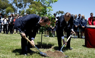 François Hollande et Tony Abbott, le Premier ministre australien, plantent un arbre à Canberra, en mémoire des soldats australiens tombés en Europe.