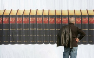 Un homme contemple un rideau constitué de volumes encyclopédiques en Allemagne en 2007.