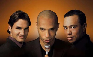Roger Federer, Thierry Henry et Tiger Woods dans la campagne publicitaire Gillette Champions en janvier 2008.