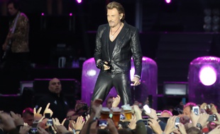 Johnny Hallyday, tout en cuir, en concert à Namur en 2013.