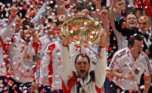 L'équipe de France de handball célèbre son titre de championne d'Europe à Vienne le 31 janvier 2010.