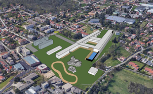 Vue aérienne du site de l'hôpital Charial à Francheville vers Lyon et le projet de reconversion souhaité par les élus locaux..