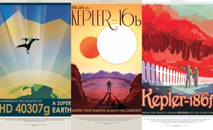 Affiches touristiques présentant trois exoplanètes, décembre 2014.