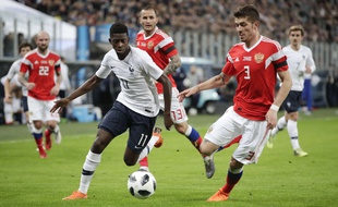 Ousmane Dembélé a été victime de cri de singe à son encontre lors de Russie-France à Saint-Pétersbourg, le 27 mars 2018.