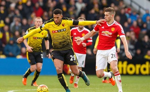 Le milieu de Watford Etienne Capoue (à gauche) à la lutte avec le milieu de Manchester United Morgan Scheiderlin lors du match de championnat d'Angleterre entre les deux équipes, le 21 novembre 2015 à Watford.