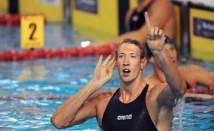 Alain Bernard après son record du monde en 46''94 lors des championnats de France de Montpellier le 23 avril 2009.