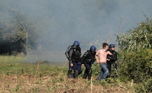 Des gendarmes mobiles appréhendent un militant écologiste sur le site du chantier du barrage de Sivens, près de Gaillac, dans le Tarn, le 9 septembre 2014