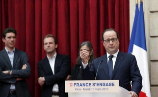 Le président François Hollande pendant pendant les annonces de labellisation de projets d'économie sociale et solidaire, le 10 mars 2015 au Palais de l'Elysée