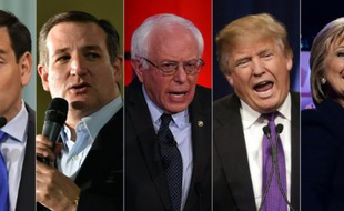 Montage en date du 4 février 2016 de portraits récents de Marco Rubio, Ted Cruz, Bernie Sanders, Donald Trump et Hillary Clinton